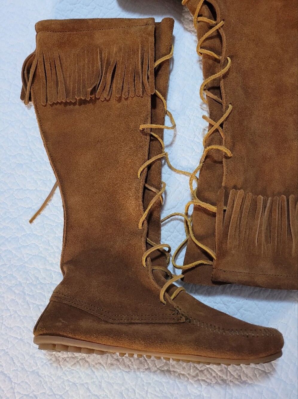 Minnetonka Fringe Front Lace Lace-Up Suede Knee-High Boots Brown Sz 9 - Picture 5 of 13